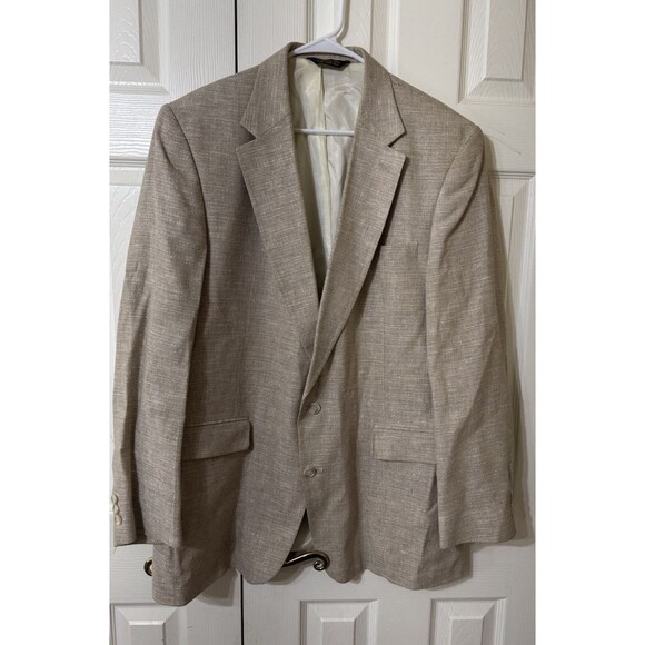 VTG OAKTON LTD Linen  Poly Viscouse Beige Textured Blazer 2 Button Jacket Sz 46L - Picture 1 of 6